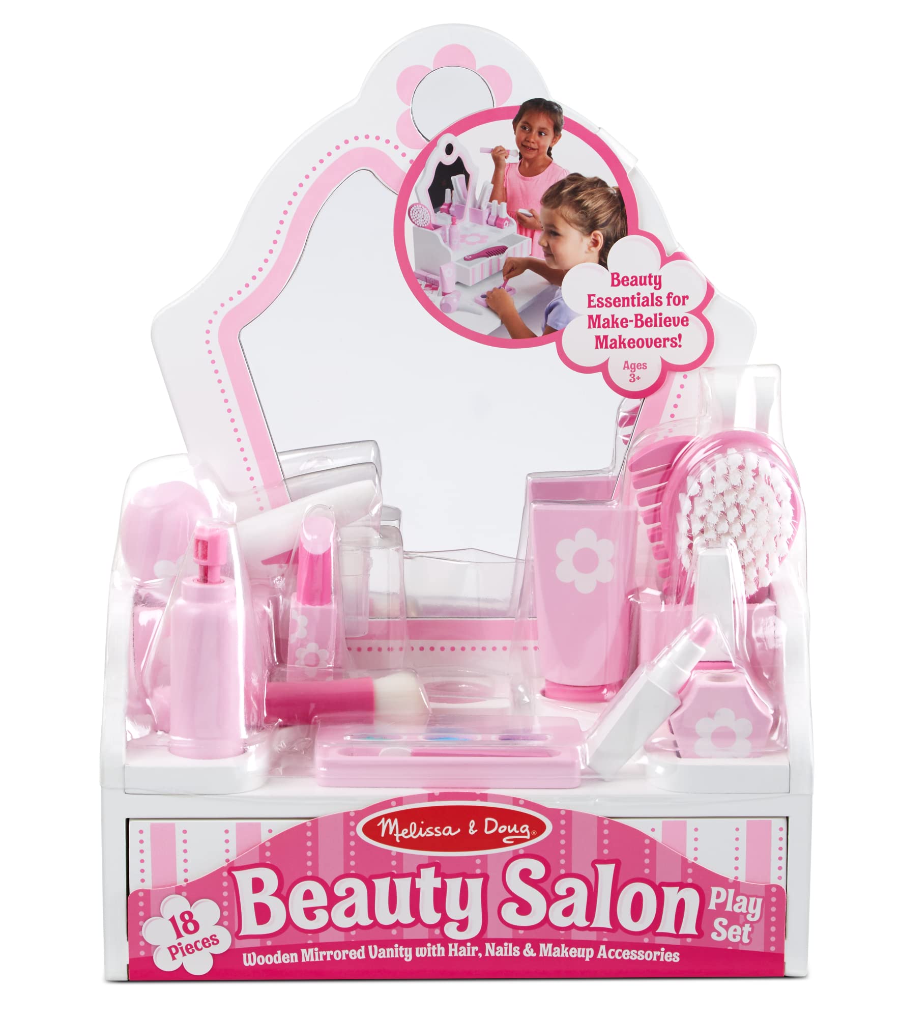 Melissa & Doug Wooden Beauty Salon Play Set With Accessories (18 pcs) - Pretend Hair Salon, Toddler Makeup Vanity, Fashion Role For Kids Ages 3+