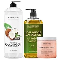 Majestic Pure Fractionated Coconut Oil 16 fl oz with Arnica Sore Muscle Massage Oil 8 fl oz and Himalayan Salt Body Scrub 10 fl oz