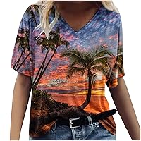 Beach Shirts for Women Coconut Trees Hawaiian T-Shirt Summer Vacation Beach Tops Vintage Short Sleeve V Neck Tees