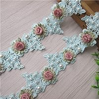 1 Yard Vintage Blue Gold Pearl Rose Flowers Lace Trim Fabric Rhinestone Embellishment Floral Appliques Lace Ribbon Ornaments Handmade DIY Sewing Craft for Costume Hat Decoration 1.96