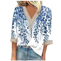 Casual Top for Women 3/4 Sleeve Shirts Lace V Neck Dressy Tops Trendy Summer Floral Blouses