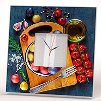 Composition Organic Vegetables and Spices Wall Clock Framed Mirror Potatoes Tomatoes Garlic Olive Oil Food Fan Art Cafe Decor Home Design Gift