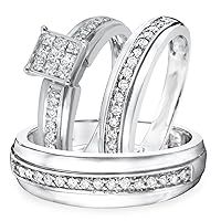 14K White Gold Plated 1 3/4Ct D/VVS1 Diamond Women's & Men's Engagement Trio Ring Set