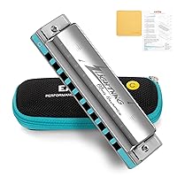 East top Harmonica, Advanced Blues Harmonica Key of C, 10 Holes Blues Harp Mouth Organ Harmonica with Silver Cover, Diatonic Harmonica For Adults, Professionals and Students, as a Gift