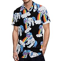 Rainbow Vomiting Unicorn Fashion Mens Short Sleeve Shirts Button-Down Tops T Shirts Casual Pocket Tees