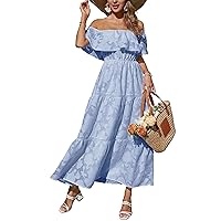 Women's 2024 Summer Dress Off Shoulder High Waist Beach Dress Ruffled Short Sleeve Floral Tiered Maxi Dress