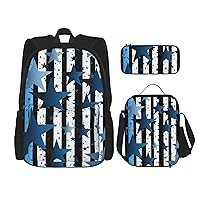 3 Pcs Blue Black White Stripes and Stars Print Backpack Sets Casual Daypack with Lunch Box Pencil Case for Women Men