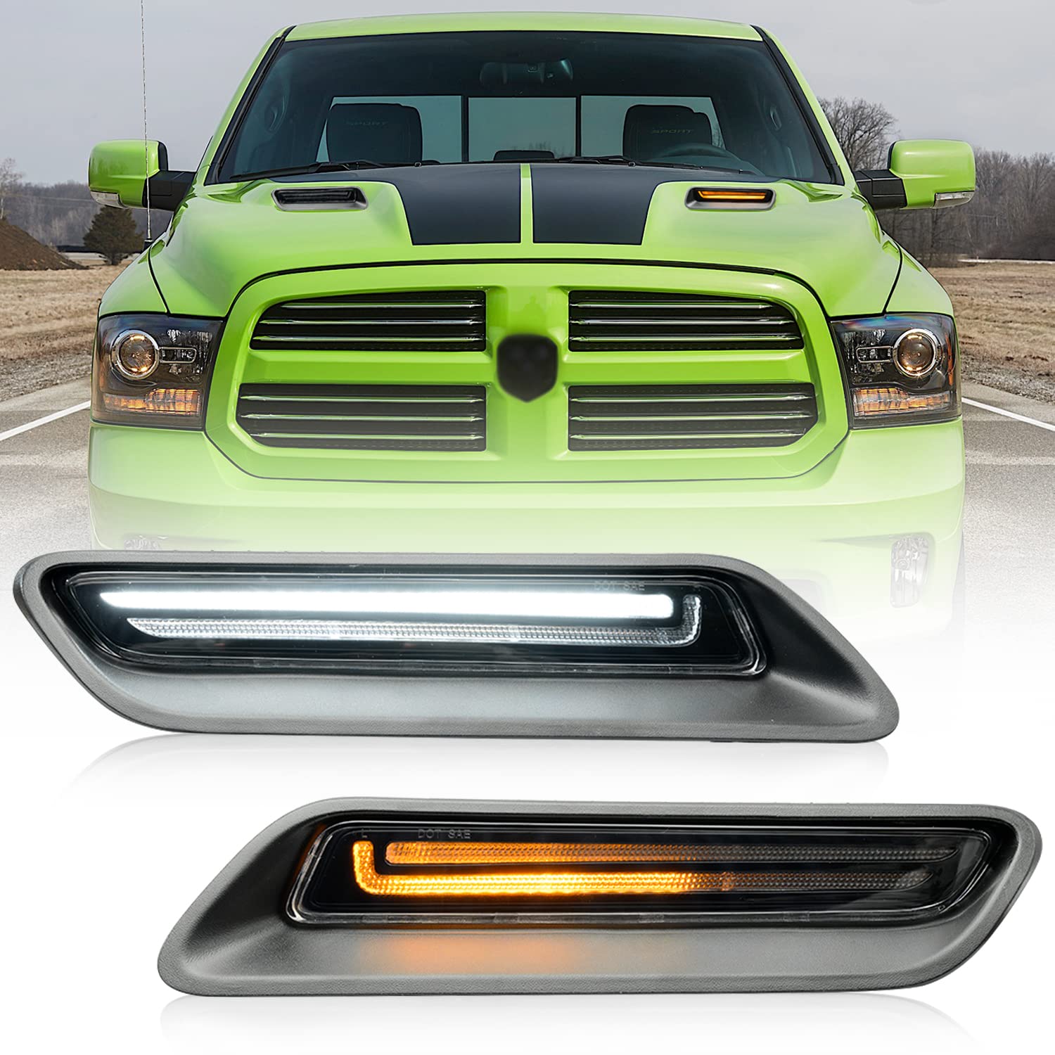 NSLUMO Led Vent Hood Scoop Light Bar Kit Compatible w/ 2010-2022 RAM 1500 Sport Hood Switchback White DRL Driving Lamp w/Amber Sequential Turn Signals Clear Lens OEM Air Hood Bezel Trim Replacement