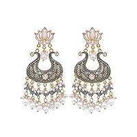 Bollywood Indian Traditional Wedding Gold-plated Grey Lotus Kundan Drop & Dangler Earrings For Women/Girls