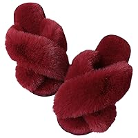 Ankis Womens Fuzzy Memory Foam Slippers Cross Band Cozy Plush Home Slippers Fluffy Furry Open Toe House Shoes Indoor Outdoor Slide Slipper