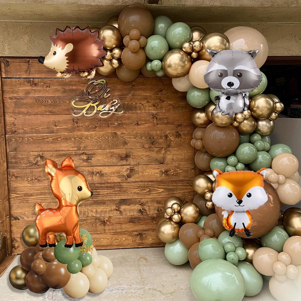 Woodland Animals Balloon Garland Arch Kit, 130pcs Woodland Themed Sage Green Brown Balloons Neutral Forest Animal Baby Shower Party Supplies Gender Reveal Oh Baby Jungle Decorations