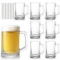 SOUJOY 8 Pack Glass Beer Mug, 12 Oz Beer Glass Stein with Handle and Straw, Clear Lead-Free Freezer Beer Cup Heavy Drinking Glass for Beer, Milk, Juice, Bar, Beverages