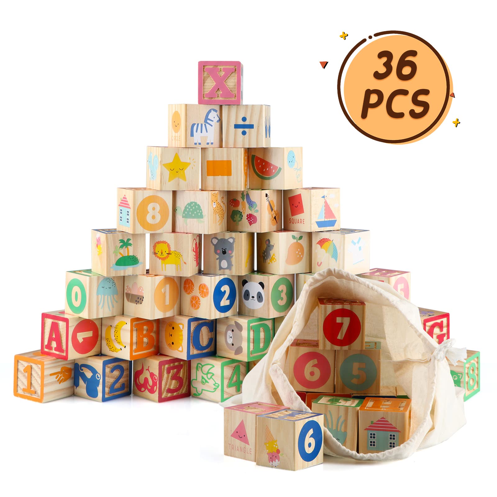 FOPNETS Wooden ABC Building Blocks 36 Large Stacking and Building Blocks for Toddlers Colorful Alphabet Number Icons Preschool Educational Montessori Toys for Boys Girls Gifts
