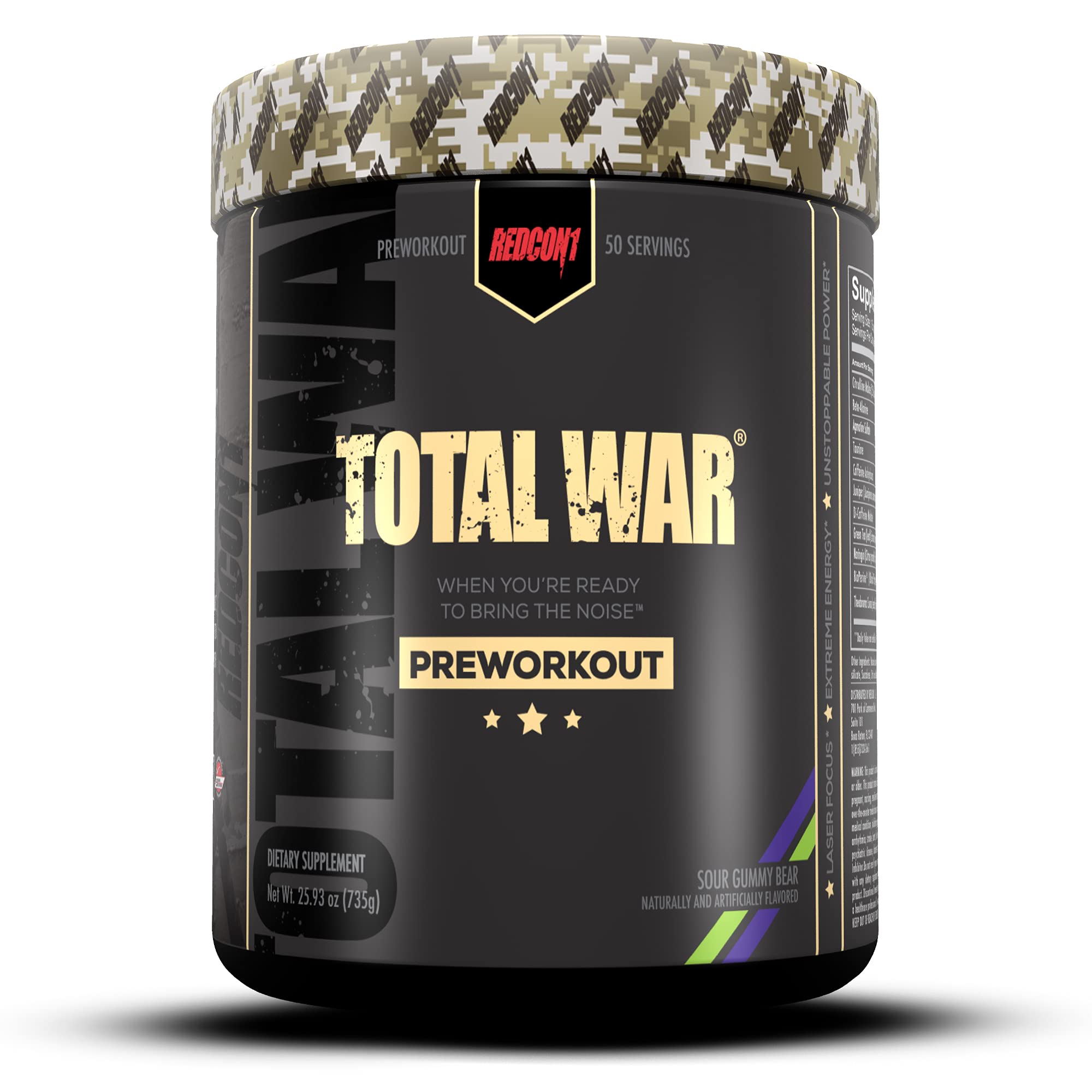 Redcon1 Total War - Pre Workout Powder, 50 Servings, (Sour Gummy Bear) Boost Energy, Increase Endurance and Focus, Beta-Alanine, 350mg Caffeine, Ci...