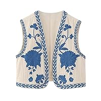Women Vintage Floral Embroidered Vest Tops Y2k Sleeveless Linen Open Front Cardigan Boho Blouses Waistcoat