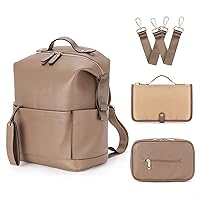 Minsong Diaper Bag Backpack, Waterproof Leather Diaper Bags With Changing Station for Baby, Fashion Nappy Travel Backpack for Mom Dad (Khaki)