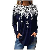JXQCWY Women's Spring Fall Tops Dressy Casual Long Sleeve Round Neck Blouse Retro Floral Printed Going Out T-Shirts