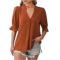 Ladies V Neck Dressy Shirts Hide Belly Short Sleeve T-Shirt Sexy Casual Summer Tunic Pleated Loose Fit Tunic Tops
