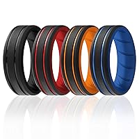ROQ Silicone Rubber Wedding Ring for Men, Comfort Fit, Men's Wedding & Engagement Band, 8mm Wide 2mm Thick, 2 Thin Lines Beveled Edge Duo, 4 Pack, Black, Red, Orange, Light Blue, Size 9