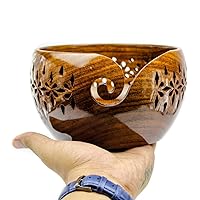 Nagina International Rosewood Crafted Wooden Yarn Storage Bowl With Carved Holes & Drills | Knitting Crochet Accessories (Large)