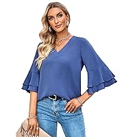 Flygo Women's Summer Dressy Blouses V Neck 3/4 Bell Sleeve Tunic Tops for Leggings Tiered Ruffle Sleeve Casual Shirts(BlueRuffle-L)