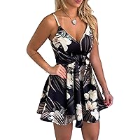 CASURESS Womens Dresses V Neck Mini Floral Spaghetti Strap Tie Knot Front Flowy Pleated Swing Dress