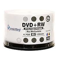 100 Pack Smartbuy Blank DVD+RW 4X 4.7GB 120Min White Inkjet Hub Printable Rewritable DVD Media Disc