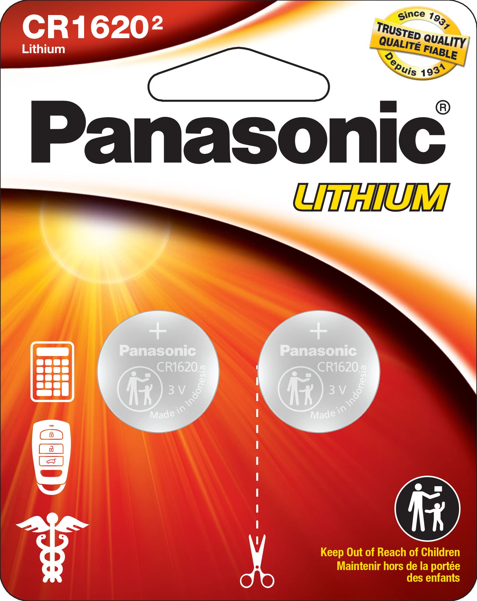 Panasonic CR1620 3.0 Volt Long Lasting Lithium Coin Cell Batteries in Child Resistant, Standards Based Packaging, 2-Battery Pack