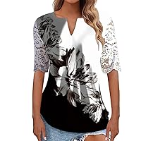 Women's V Neck T Shirts Floral Print Tops Eyelet Embroidery Short Sleeve Lace Puff Sleeve Blouse Cute Graphic Tees