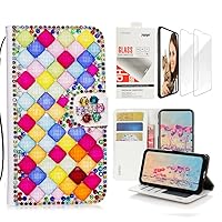 STENES Bling Wallet Case Compatible with Samsung Galaxy Note 9, 3D Handmade Square Lattice Bowknot Design Leather Case with Wrist Strap & Screen Protector [2 Pack] - Light Multicolor