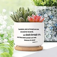 Death Through Sin and Thus Death Spto All Men Small Ceramic Pots for Plants Set of 3 Ceramic Planter Bible Verse Christian Succulent Pot for Indoor with Drainage and Bamboo Tray