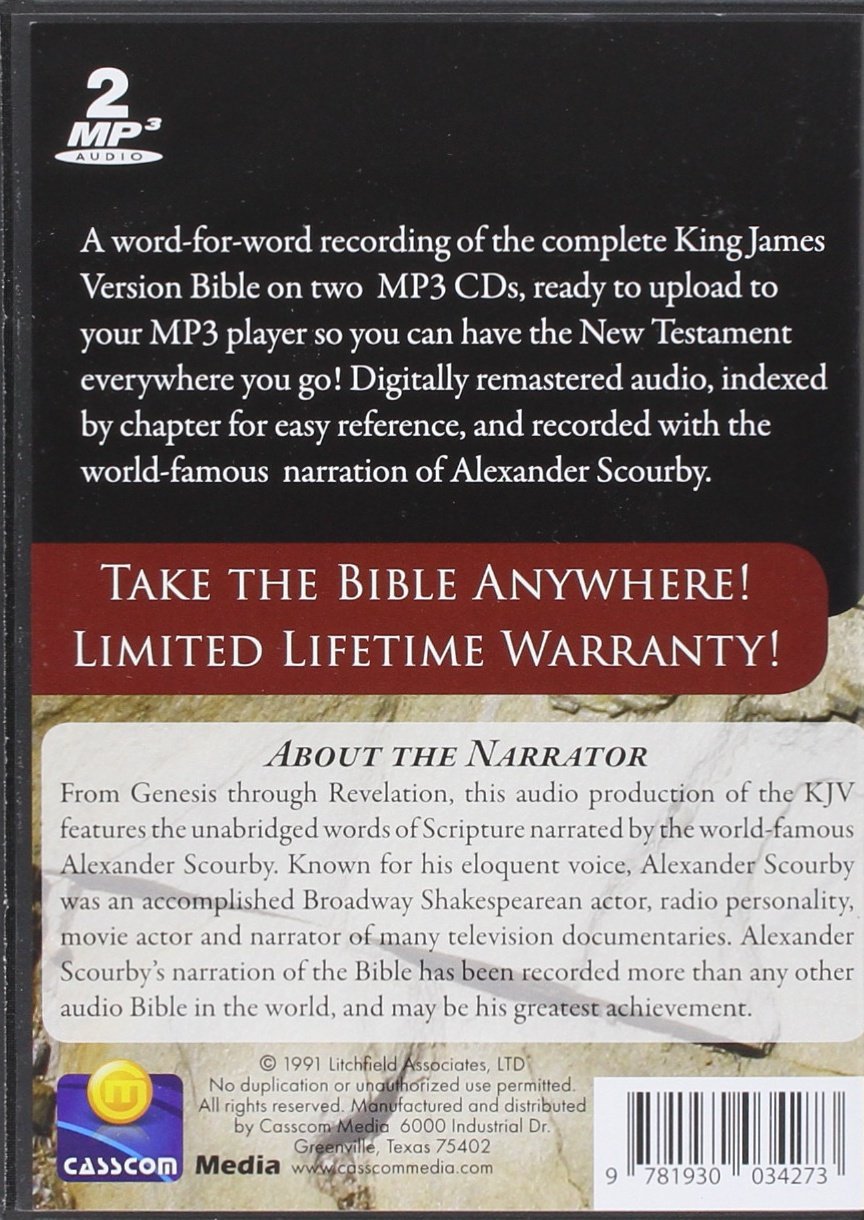 KJV Comp Scourby MP3 2 CDs Alexander Scourby-King james Version-Complete Audio Holy Bible-MP3-2 Discs-Audiobook, MP3 Digital ... Birth- Crucifixion-Resurrection- Saint Peter