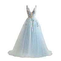 V Neck Tulle Prom Dress 2024 Plus Size Lace Ball Gown Long A-line Appliques Prom Gown Formal Evening Dresses