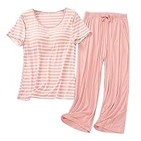 Women Comfy Modal Pajamas Sets Summer Built in Bra Sleepwear 2Pcs Outfit Stripe Short Sleeve T-Shirts & Capri Pants