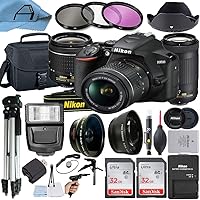 Nikon D3500 DSLR Camera 24.2MP with NIKKOR 18-55mm VR and 70-300mm Dual Lens, 2 Pack SanDisk 32GB Memory Card, Bag, Tripod, Slave Flash Light and A-Cell Accessory Bundle (Black)