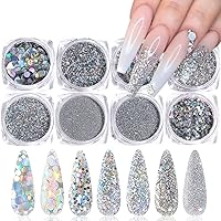 Holographic Nail Art Glitters Sequins 3D Nails Glitter Flakes Nail Art Supplies Shiny Silver Acrylic Nails Powder Dust Confetti Nail Sparkle Glitter for Nails Decoration Manicure Accessories 8 Boxes