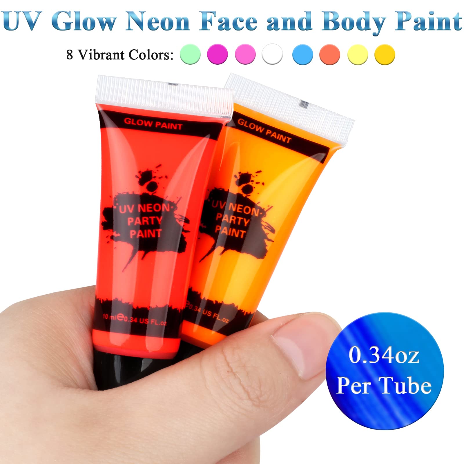 UV Glow Blacklight Neon Face and Body Paint, 8 Tubes 0.34oz Glow in the Dark Body Paints, Neon Fluorescent Glow in Dark Party Supplies (10ml)