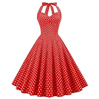 Women 50s Vintage Polka Dot Halter Cocktail Swing Dress Buttons Floral 1950s Rockabilly Audrey Hepburn Prom Tea Party Dress