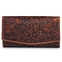VALENCHI RFID Flower embossed Leather Wallet for Women-Multi Credit Card Slots,Mobile case Coin Purse with ID Window (COGNAC VINTAGE)