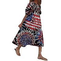 4Th of July Dress Women, Women's Loose Sundress Casual Bohemian Beach American Flag Vintage Printed, S XXXXXL