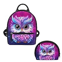 Galaxy Owl Mini Backpack Purse for Women Teen Girls Shoulder Bag Wallet Set Portable Case Daypack Small Travel Pouch Shopping Bag Handbag Tote Cute Pink Purple