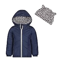 LONDON FOG Baby Girl's Puffer Winter Jacket Hood Lining & Matching Leopard Printed Beanie with Ear