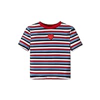 OYOANGLE Girl's Striped Heart Graphic Print Rib Knit Short Sleeve Round Neck Tee Tops Summer Casual Tee Shirts
