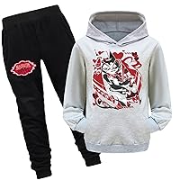 QUBEV Kids Boys Casual Sport Tracksuits Hazbin Hotel Hoodies with Black Pants,Fall Lightweight Pocket 2 Piece Outfits
