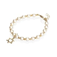 Luxury 14KT Gold-Filled Beads with Cream European Simulated Pearls and Star of David Charm Stylish Unisex Baby Bracelet (BGSD)