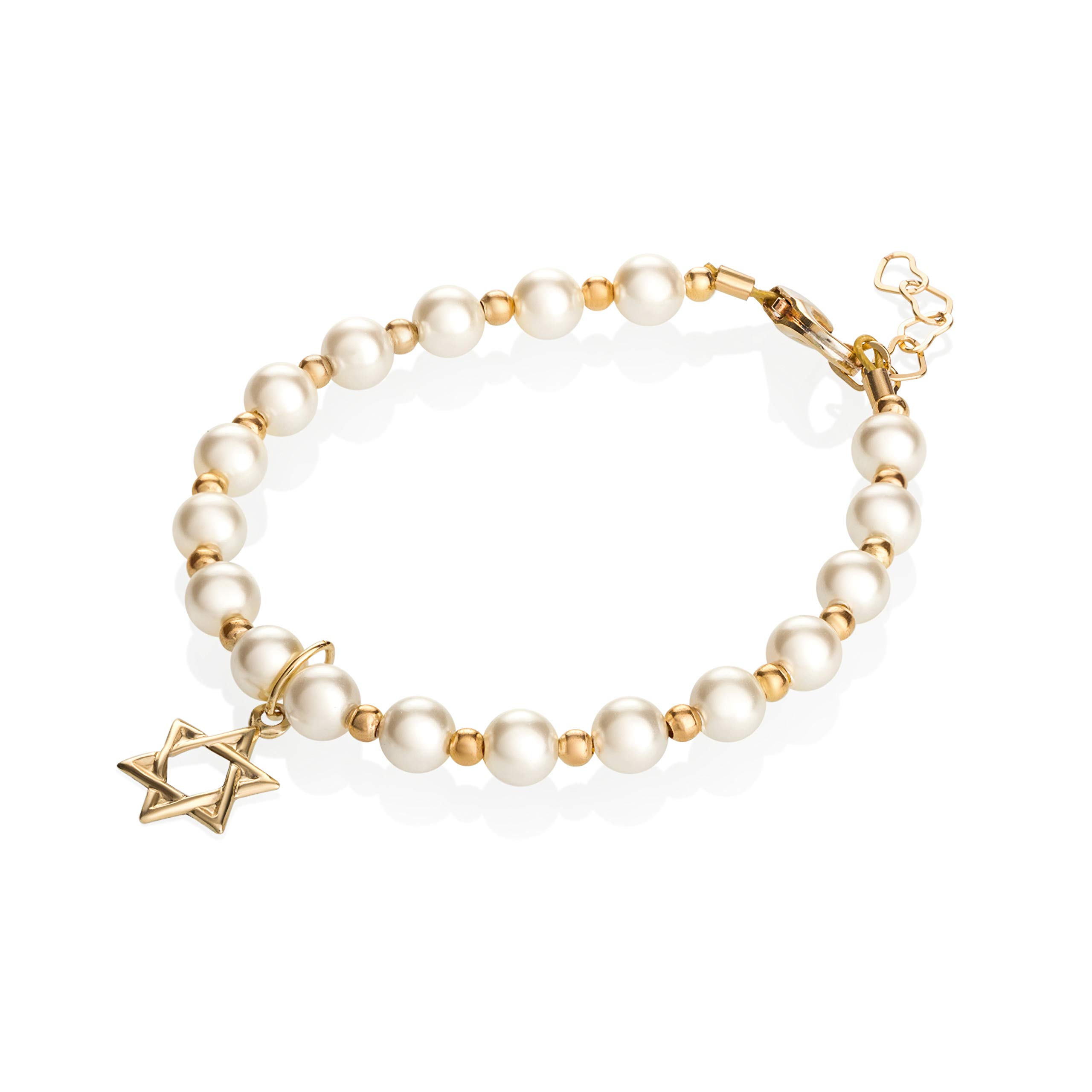 Crystal Dream Luxury 14KT Gold-Filled Beads with Cream European Simulated Pearls and Star of David Charm Stylish Unisex Baby Bracelet (BGSD)
