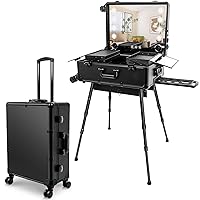 Aluminum Trolley Makeup Train Case with LED Light Professional Cosmetic 24'' Make up Cosmetic Organizer Studio with Speaker Stand Rolling Lighted Makeup Vanity Station 3 Shades of Light (Black)