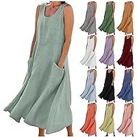 Linen Dresses for Women 2024 Casual Sundresses Cotton Sleeveless Maxi Dress Beach Tank Spring Dress with Pockets