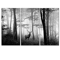WELMECO 3 Pieces Animals Wall Decor Black and White Deer in Autumn Forest Canvas Prints Artwork for Home Office Nature Scenery Living Room Bedroom Decoration (L-48 XH-32)