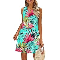 Lightning Deals Sun Dresses for Women Casual Hawaii Print Fashion Sexy Slim Fit with Sleeveless Halter Kehole Neck Summer Dress Cyan Medium